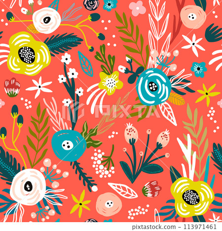 Seamless pattern with flowers,palm branch, leaves. Creative floral texture. Great for fabric, textile Vector Illustration Seamless pattern with flowers,palm branch, leaves. Creative floral texture. Great for fabric, textile Vector Illustration 113971461