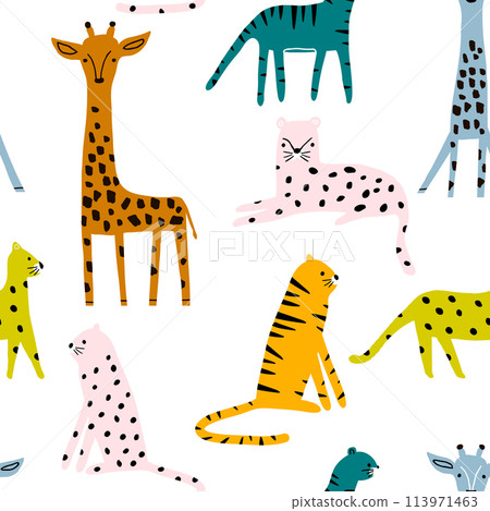 Seamless pattern with leopards, tigers, leopards. Creative jungle childish texture. Great for fabric, textile Vector Illustration Seamless pattern with leopards, tigers, leopards. Creative jungle childish texture. Great for fabric, textile Vector Illustration 113971463