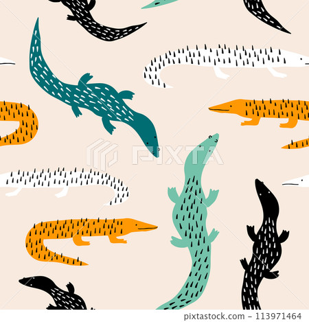 Seamless pattern with salamandras. Creative jungle childish texture. Great for fabric, textile Vector Illustration Seamless pattern with salamandras. Creative jungle childish texture. Great for fabric, textile Vector Illustration 113971464