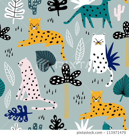 Seamless pattern with leopards, palm branch and tropical background. Creative jungle childish texture. Great for fabric, textile Vector Illustration 113971470