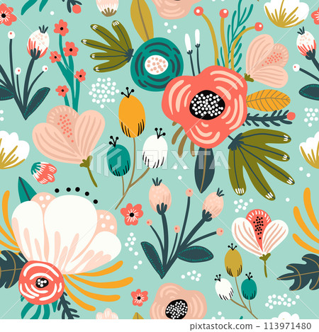 Seamless pattern with flowers,palm branch, leaves. Creative floral texture. Great for fabric, textile Vector Illustration 113971480