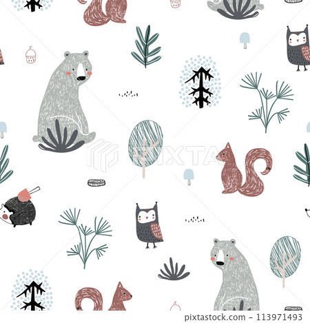 Seamless childish pattern with cute bear, squirrels, owl, hedgehog in the wood. Creative kids forest texture for fabric, wrapping, textile, wallpaper, apparel. Vector illustration Seamless childish pattern with cute bear, squirrels, owl, hedgehog in the wood. Creative kids forest texture for fabric, wrapping, textile, wallpaper, apparel. Vector illustration 113971493