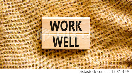 Work well symbol. Concept words Work well on beautiful wooden block. Beautiful canvas table canvas background. Business marketing, motivational work well concept. Copy space. Work well symbol. Concept words Work well on beautiful wooden block. Beautiful canvas table canvas background. Business marketing, motivational work well concept. Copy space. 113971499