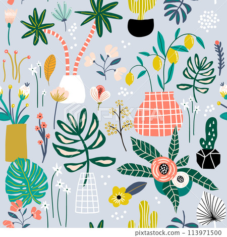 Seamless pattern with flowers in pots, palm branch, leaves and textures. Creative jungle texture. Great for fabric, textile Vector Illustration Seamless pattern with flowers in pots, palm branch, leaves and textures. Creative jungle texture. Great for fabric, textile Vector Illustration 113971500