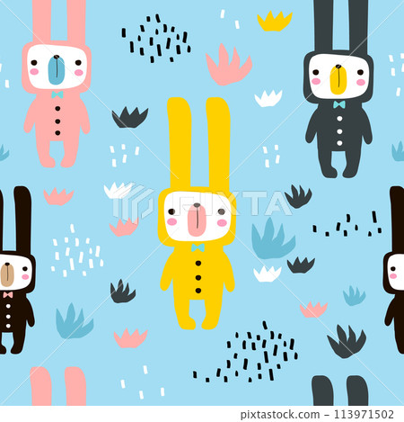 Seamless childish pattern with cute rabbits in rompers. Creative kids texture for fabric, wrapping, textile, wallpaper, apparel. Vector illustration 113971502