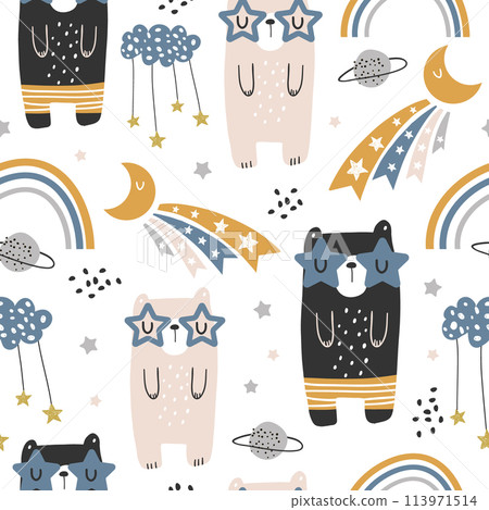 Seamless childish pattern with cute bears, rainbow, stars, moon. Creative scandinavian kids texture for fabric, wrapping, textile, wallpaper, apparel. Vector illustration Seamless childish pattern with cute bears, rainbow, stars, moon. Creative scandinavian kids texture for fabric, wrapping, textile, wallpaper, apparel. Vector illustration 113971514