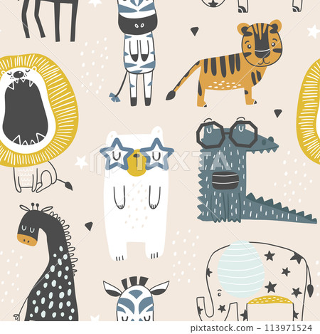 Seamless childish pattern with cute animals in black and white style. Creative scandinavian kids texture for fabric, wrapping, textile, wallpaper, apparel. Vector illustration Seamless childish pattern with cute animals in black and white style. Creative scandinavian kids texture for fabric, wrapping, textile, wallpaper, apparel. Vector illustration 113971524