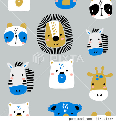 Seamless childish pattern with funny animals faces . Creative scandinavian kids texture for fabric, wrapping, textile, wallpaper, apparel. Vector illustration 113971536