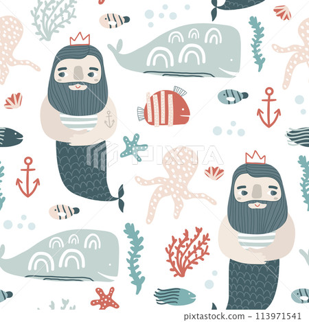 Seamless childish pattern ocean king and undersee elements . Creative scandinavian kids texture for fabric, wrapping, textile, wallpaper, apparel. Vector illustration Seamless childish pattern ocean king and undersee elements . Creative scandinavian kids texture for fabric, wrapping, textile, wallpaper, apparel. Vector illustration 113971541
