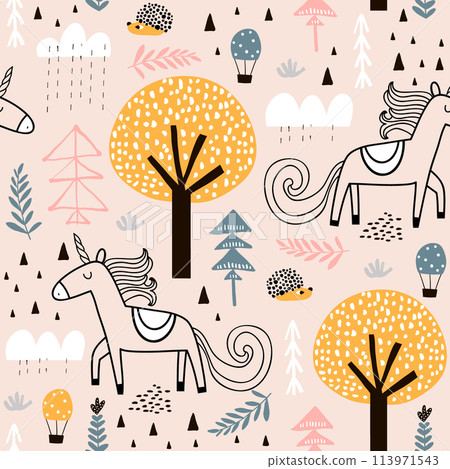 Seamless childish pattern with fairy unicorn, hedgehog in the wood. Creative kids city texture for fabric, wrapping, textile, wallpaper, apparel. Vector illustration 113971543