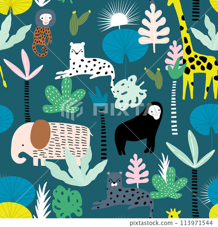 Seamless pattern with giraffe, leopard,tucan, elephant and tropical flora. Creative jungle childish texture. Great for fabric, textile Vector Illustration 113971544