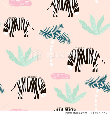 Seamless pattern with zebra and palm tree. Creative jungle childish texture. Great for fabric, textile Vector Illustration Seamless pattern with zebra and palm tree. Creative jungle childish texture. Great for fabric, textile Vector Illustration 113971547
