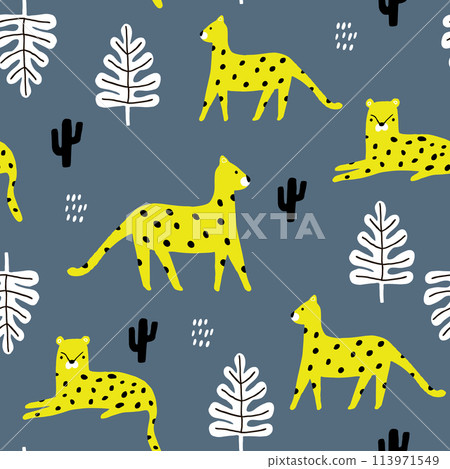 Seamless pattern with leopards, palm branch and tropical background. Creative jungle childish texture. Great for fabric, textile Vector Illustration 113971549
