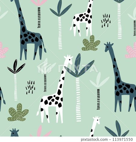 Seamless pattern with giraffe, palm tree and tropical background. Creative jungle childish texture. Great for fabric, textile Vector Illustration Seamless pattern with giraffe, palm tree and tropical background. Creative jungle childish texture. Great for fabric, textile Vector Illustration 113971550