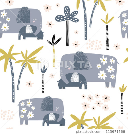 Seamless pattern with cute mom and baby elephant, palm trees and flowers. Creative childish texture. Great for fabric, textile Vector Illustration Seamless pattern with cute mom and baby elephant, palm trees and flowers. Creative childish texture. Great for fabric, textile Vector Illustration 113971566