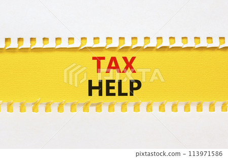 Tax help symbol. Concept words Tax help on beautiful yellow paper on beautiful white background. Business, support and tax help concept. Copy space. 113971586