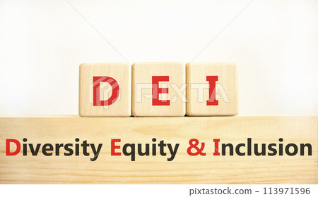 DEI diversity equity and inclusion symbol. Concept words DEI diversity equity and inclusion on blocks. Beautiful white background. Business DEI diversity equity and inclusion concept. Copy space. 113971596