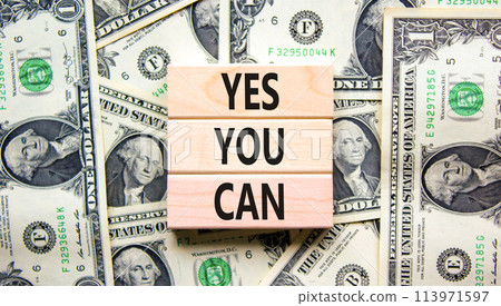 Motivational and Yes you can symbol. Concept words Yes you can on beautiful wooden blocks. Dollar bills. Beautiful dollar bills background. Business motivational and Yes you can concept. Copy space. Motivational and Yes you can symbol. Concept words Yes you can on beautiful wooden blocks. Dollar bills. Beautiful dollar bills background. Business motivational and Yes you can concept. Copy space. 113971597