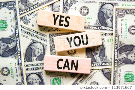 Motivational and Yes you can symbol. Concept words Yes you can on beautiful wooden blocks. Dollar bills. Beautiful dollar bills background. Business motivational and Yes you can concept. Copy space. Motivational and Yes you can symbol. Concept words Yes you can on beautiful wooden blocks. Dollar bills. Beautiful dollar bills background. Business motivational and Yes you can concept. Copy space. 113971607
