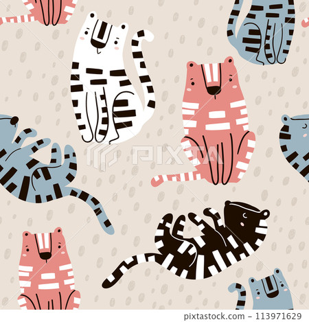 Seamless childish pattern with cute tigers. Creative kids texture for fabric, wrapping, textile, wallpaper, apparel. Vector illustration 113971629