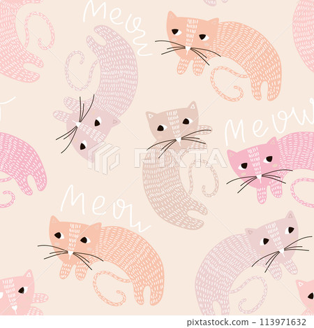 Seamless childish pattern with cute cats. Creative kids pink texture for fabric, wrapping, textile, wallpaper, apparel. Vector illustration Seamless childish pattern with cute cats. Creative kids pink texture for fabric, wrapping, textile, wallpaper, apparel. Vector illustration 113971632