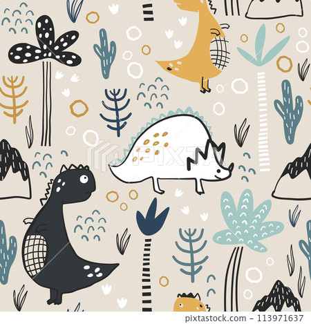 Childish seamless pattern with hand drawn dino, palm trees and dhand drawn shapes in scandinavian style. Creative vector childish background for fabric, textile Childish seamless pattern with hand drawn dino, palm trees and dhand drawn shapes in scandinavian style. Creative vector childish background for fabric, textile 113971637