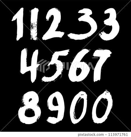 Set of calligraphic numbers painted by white brush on isolated black background. Lettering for your design. Vector illustration. 113971761