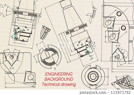 Mechanical engineering drawings on sepia background. Tap tools, borer. Technical Design. Cover. Blueprint. Vector illustration. Mechanical engineering drawings on sepia background. Tap tools, borer. Technical Design. Cover. Blueprint. Vector illustration. 113971782