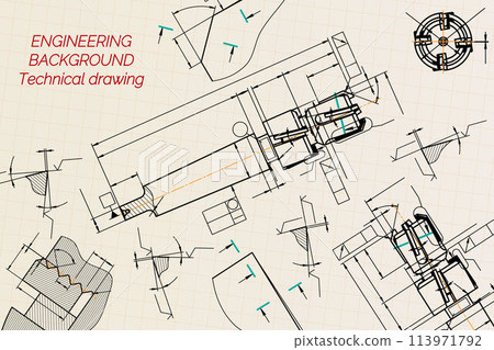 Mechanical engineering drawings on sepia background. Tap tools, borer. Technical Design. Cover. Blueprint. Vector illustration. 113971792