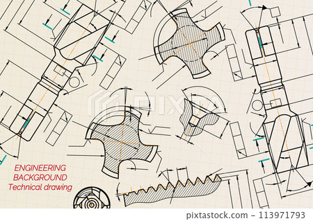 Mechanical engineering drawings on sepia background. Tap tools, borer. Technical Design. Cover. Blueprint. Vector illustration. 113971793
