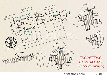 Mechanical engineering drawings on sepia background. Tap tools, borer. Technical Design. Cover. Blueprint. Vector illustration. 113971803