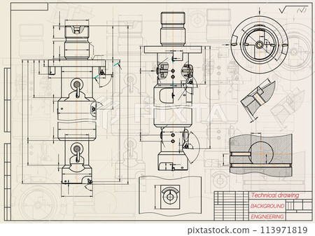 Mechanical engineering drawings on sepia background. Tap tools, borer. Technical Design. Cover. Blueprint. Vector illustration. Mechanical engineering drawings on sepia background. Tap tools, borer. Technical Design. Cover. Blueprint. Vector illustration. 113971819