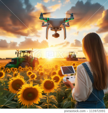 woman flying drone on sunset 113972091