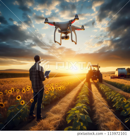 flying drone on a green field flying drone on a green field 113972101