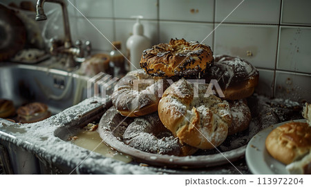 Close-up view captures a kitchen sink piled with expired bread and pastries, their mold and staleness highlighting the issue of food neglect and waste. Generative AI. 113972204