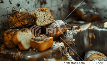 Close-up view captures a kitchen sink piled with expired breads, their mold and staleness highlighting the issue of food neglect and waste. Generative AI. 113972205