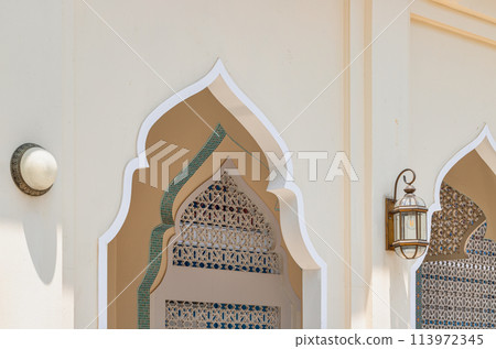 Bang O Mosque Baroque Architecture with Lamps and Sunlight shine through the wall. Bang O Mosque Baroque Architecture with Lamps and Sunlight shine through the wall. 113972345