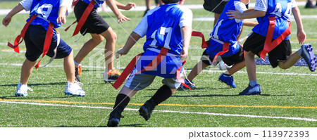 Young kids playing flag football 113972393