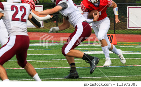 Lineman blocking for the running back during a football game 113972395