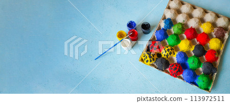 Gouache color painting on eggs box for kids to play Gouache color painting on eggs box for kids to play 113972511