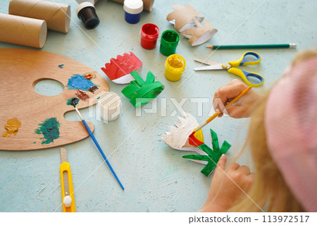 Kids craft flowers out of recycling toilet paper roll, zero waste concept. Step by step tutorial - 4. Kids craft flowers out of recycling toilet paper roll, zero waste concept. Step by step tutorial - 4. 113972517