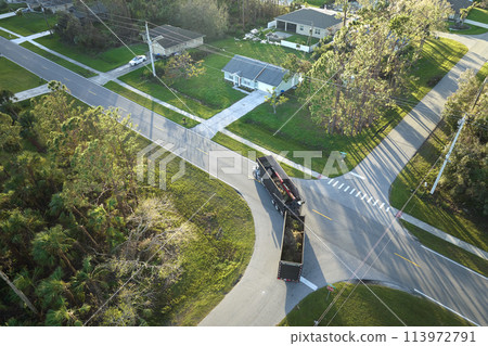 Special aftermath recovery dump truck picking up vegetation debris from suburban streets after hurricane Ian swept through Florida. Dealing with consequences of natural disaster 113972791