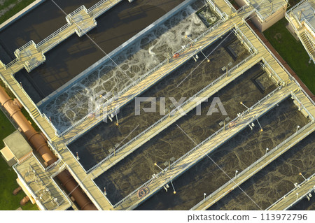 Aerial view of modern water cleaning facility at urban wastewater treatment plant. Purification process of removing undesirable chemicals, suspended solids and gases from contaminated liquid 113972796