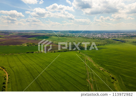Aerial landscape view of green cultivated agricultural fields with growing crops on bright summer day. Aerial landscape view of green cultivated agricultural fields with growing crops on bright summer day. 113972982