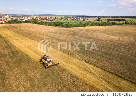 Aerial view of combine harvester harvesting large ripe wheat field. Agriculture from drone view. Aerial view of combine harvester harvesting large ripe wheat field. Agriculture from drone view. 113972983