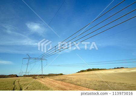 High voltage tower with electric power lines transfening electrical energy through cable wires High voltage tower with electric power lines transfening electrical energy through cable wires 113973016