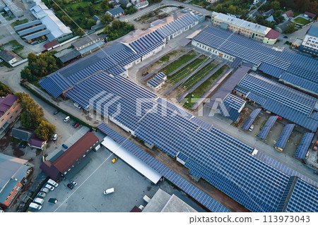 Aerial view of blue photovoltaic solar panels mounted on industrial building roof for producing green ecological electricity. Production of sustainable energy concept 113973043