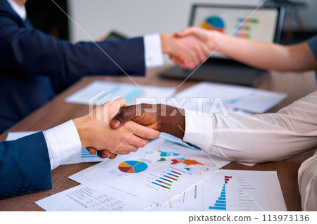 Multiracial business professionals seal agreement, shaking hands over data charts, teamwork, negotiation. Office setting, multiethnic inclusion in deal-making, signifies corporate unity, consensus. Multiracial business professionals seal agreement, shaking hands over data charts, teamwork, negotiation. Office setting, multiethnic inclusion in deal-making, signifies corporate unity, consensus. 113973136