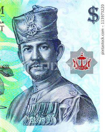Sultan Hassanal Bolkiah portrait on Brunei 1 dollar banknote. Bank of Brunei Darussalam banknote. His Majesty Sultan Haji Hassanal Bolkiah in military uniform 113973220