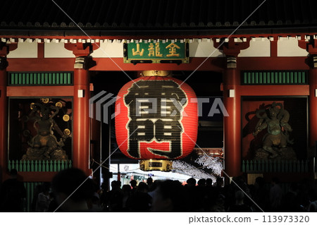 Large lantern of Kaminarimon illuminated, Large lantern of Sensoji Temple, Large lantern of Kaminarimon at night Large lantern of Kaminarimon illuminated, Large lantern of Sensoji Temple, Large lantern of Kaminarimon at night 113973320